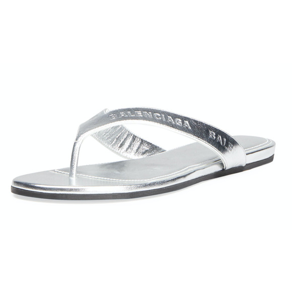 Balenciaga Metallic Silver Leather Logo Thong Slide Sandal Flip Flop Flat 38 - Picture 1 of 11